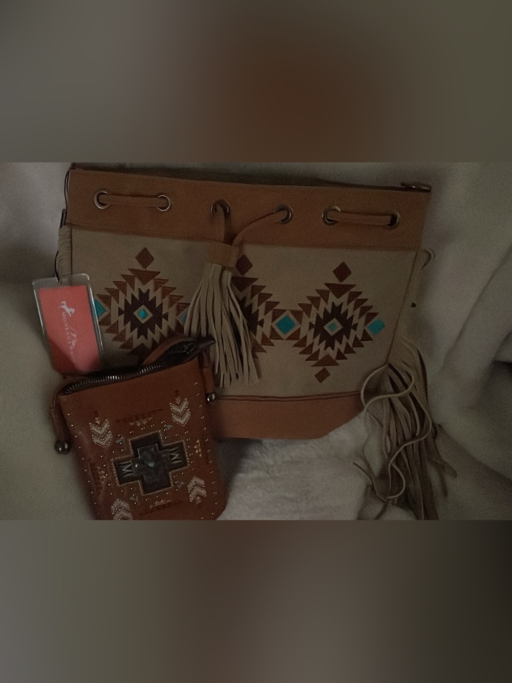 Montana West Brown and Cream Boho Aztec Drawstring Tote with Turquoise Accents